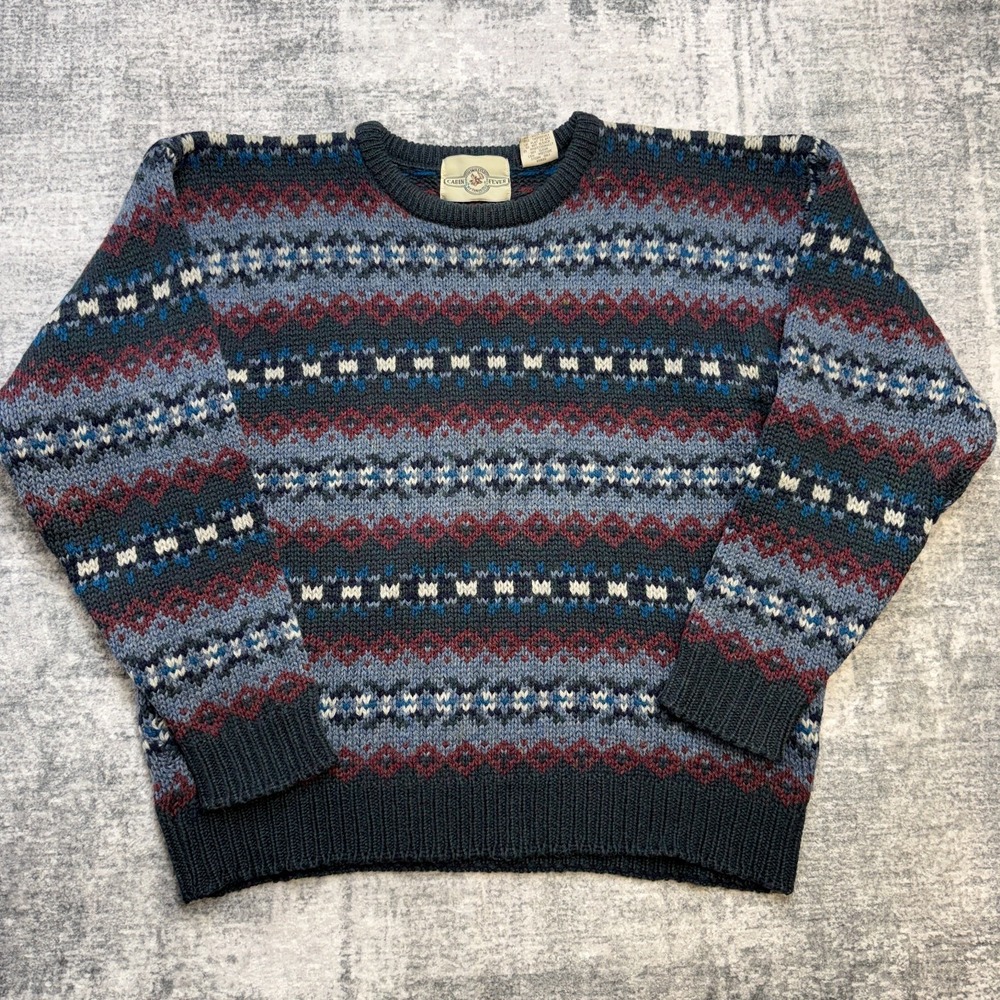 VTG Cabin Fever Sweater Large Blue Fair Isle Geometric Shetland Wool 90s Grandpa